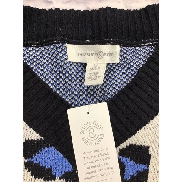 TREASURE & BOND Kids V-neck Crop Sweater In Ivory Dove Pop Leopard Size Medium - Picture 2 of 4